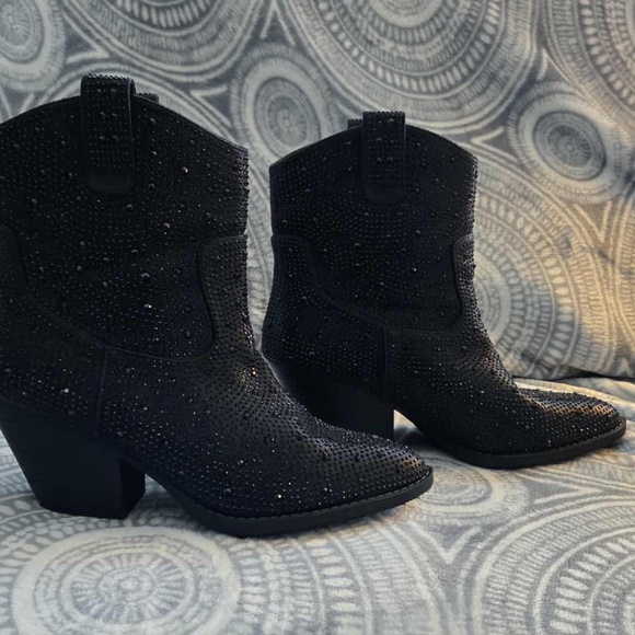 Rhinestone Cowboy Bling Bling Sparkly Pointed Toe Western Bootie Black sz 9 - Picture 7 of 10